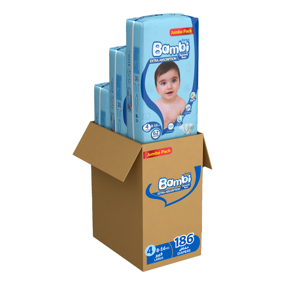 Sanita Bambi - Baby Diapers - Jumbo Pack - Size 4 Large - 8-16 kg - Pack of 3 - 186 Pcs