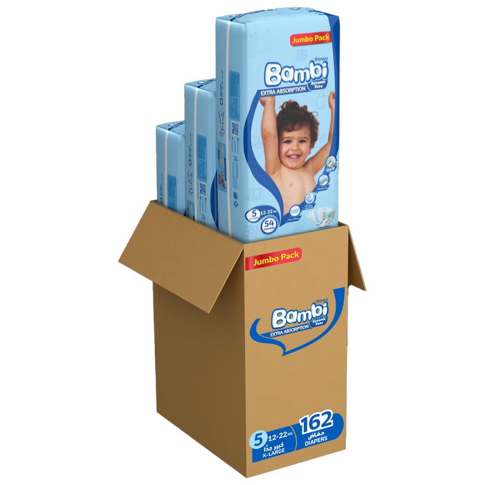 Sanita Bambi - Baby Diapers - Jumbo Pack - Size 5 X-Large - 12-22 kg - Pack of 3 - 162 Pcs
