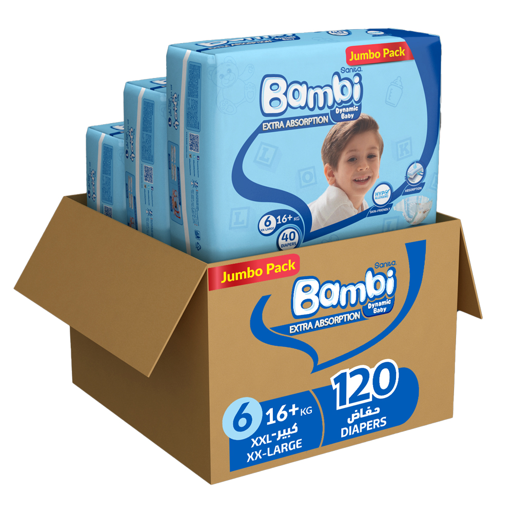 Sanita Bambi - Baby Diapers - Jumbo Pack - Size 6 XX-Large - 18+ kg - Pack of 3 - 120 Pcs