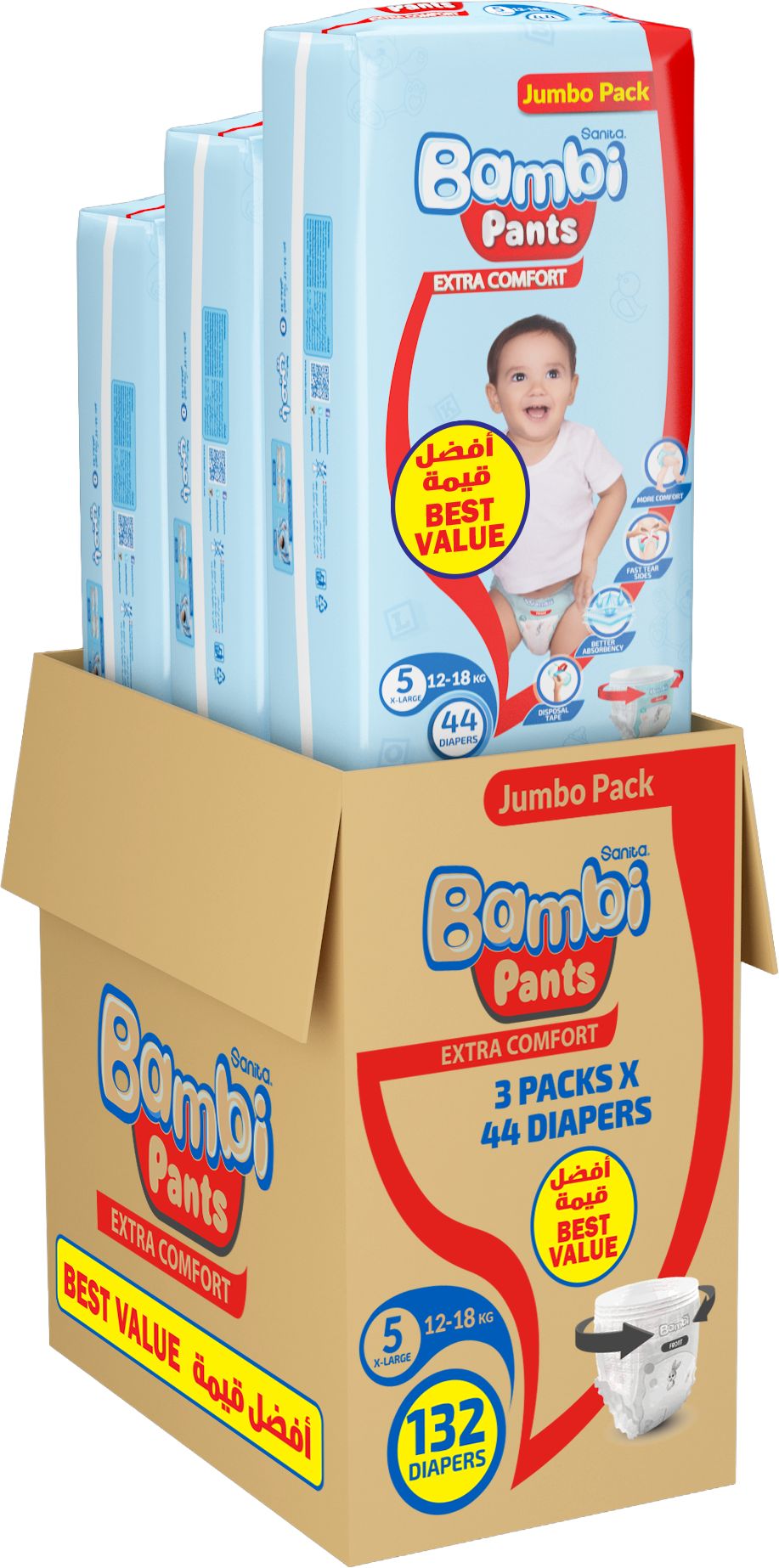Sanita Bambi - Diaper Pants - Jumbo Pack - Size 5 XL - 12-18 kg - Pack of 3 - 132 Pcs