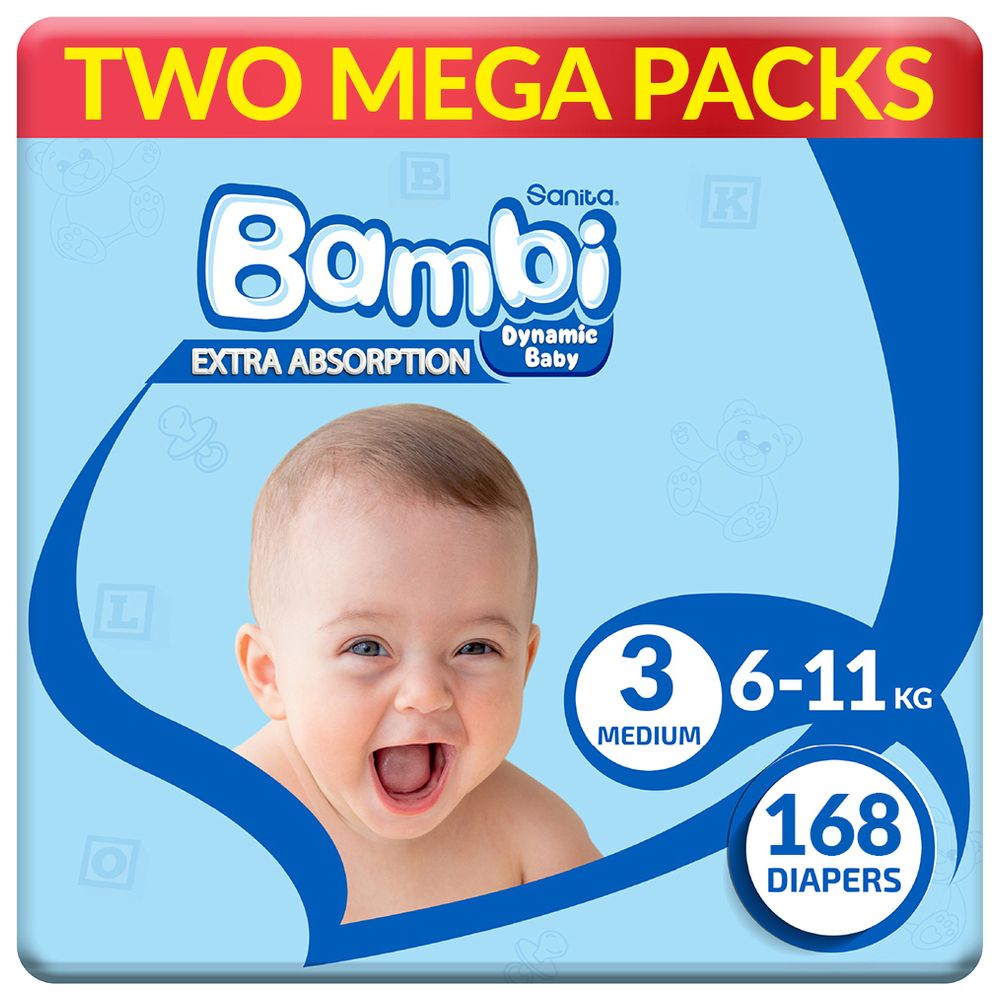 Sanita Bambi - Baby Diapers - Size 3 - Medium - 6-11 kg - Pack of 2 - 168 Diapers