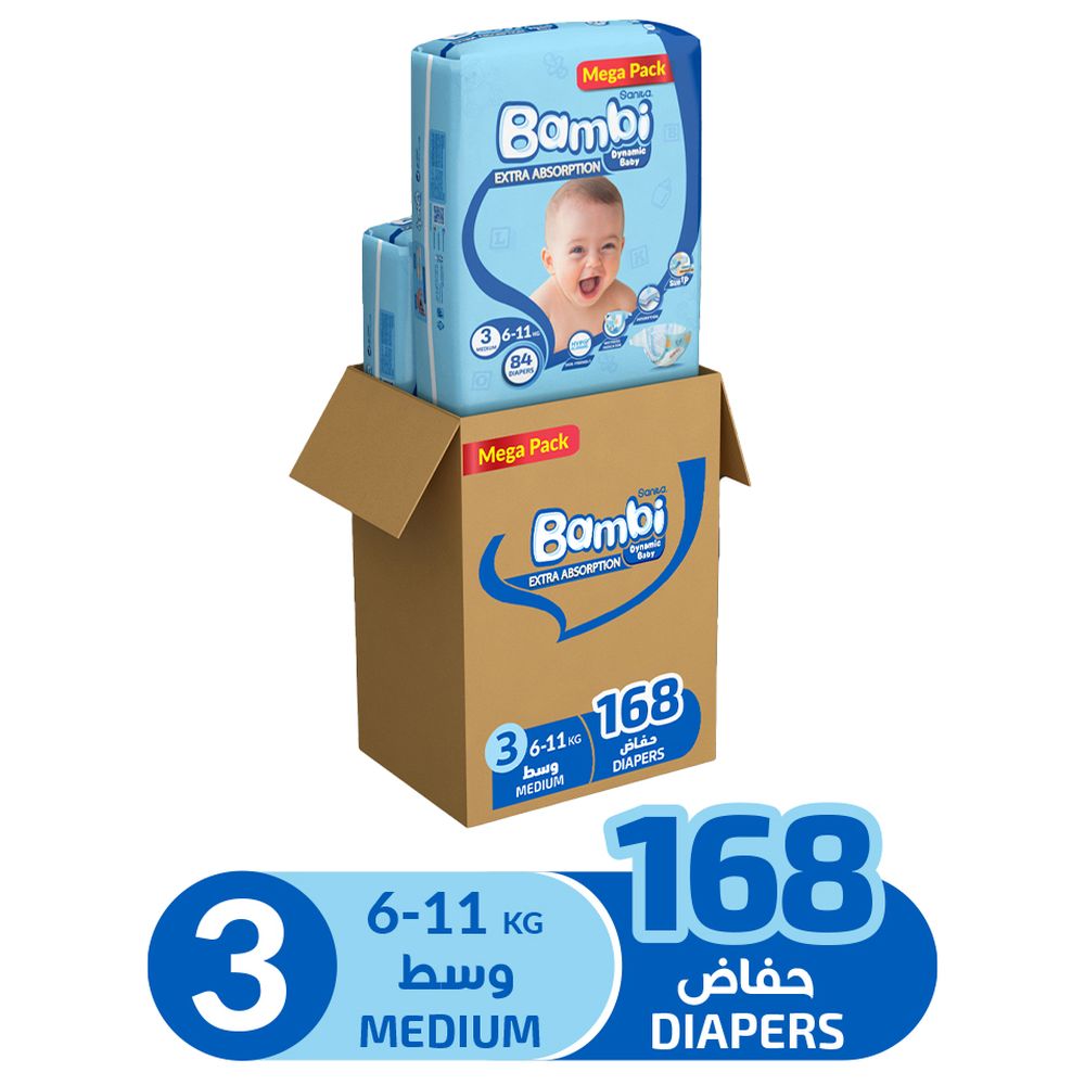 Sanita Bambi - Baby Diapers - Size 3 - Medium - 6-11 kg - Pack of 2 - 168 Diapers