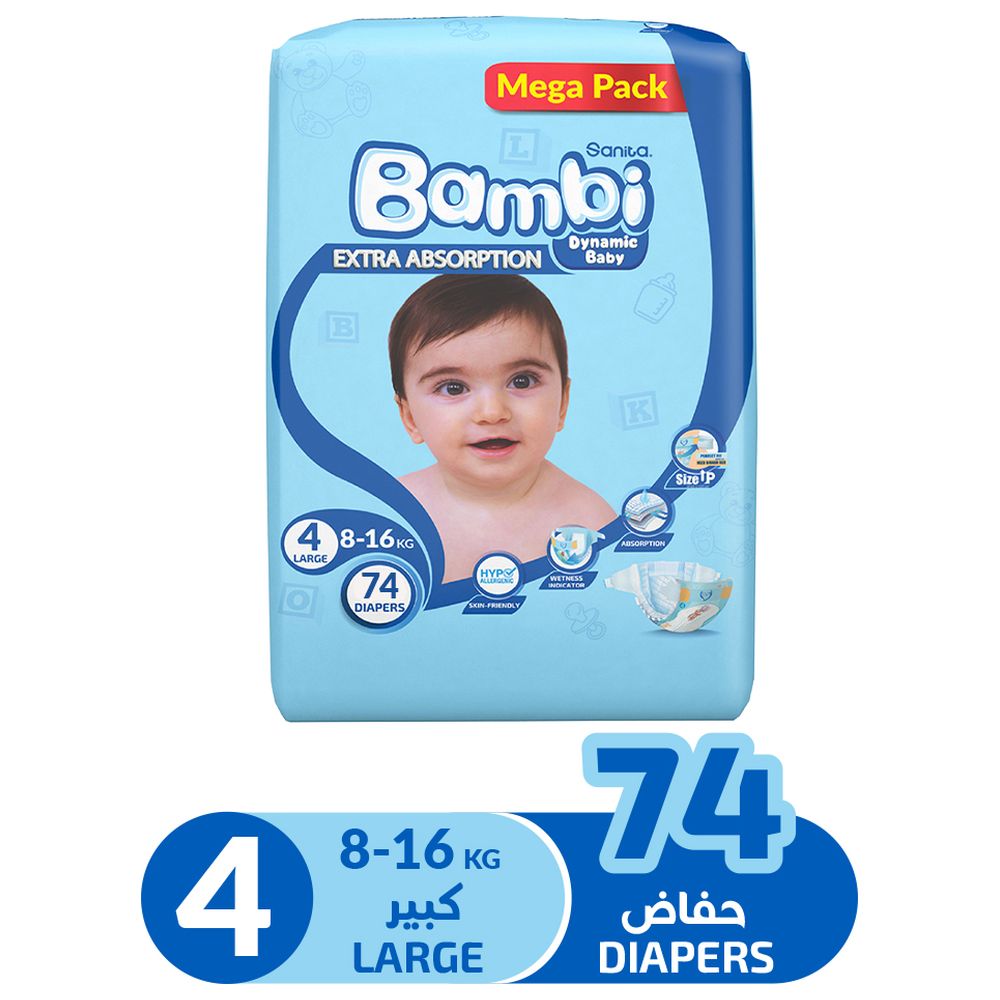 Sanita Bambi - Baby Diapers - Size 4 - Large - 8-16 kg - 74 Diapers