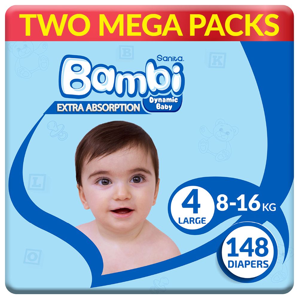 Sanita Bambi - Baby Diapers - Size 4 - Large - 8-16 kg - Pack of 2 - 148 Diapers