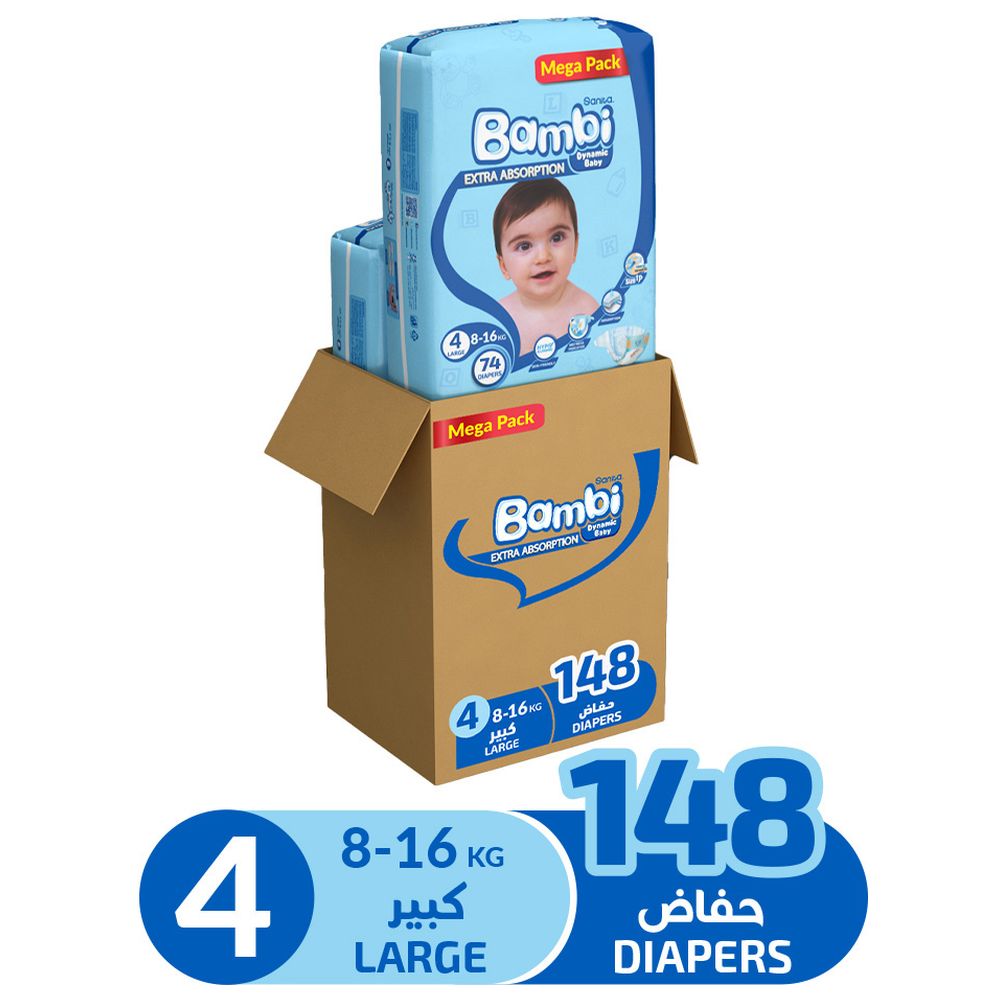 Sanita Bambi - Baby Diapers - Size 4 - Large - 8-16 kg - Pack of 2 - 148 Diapers