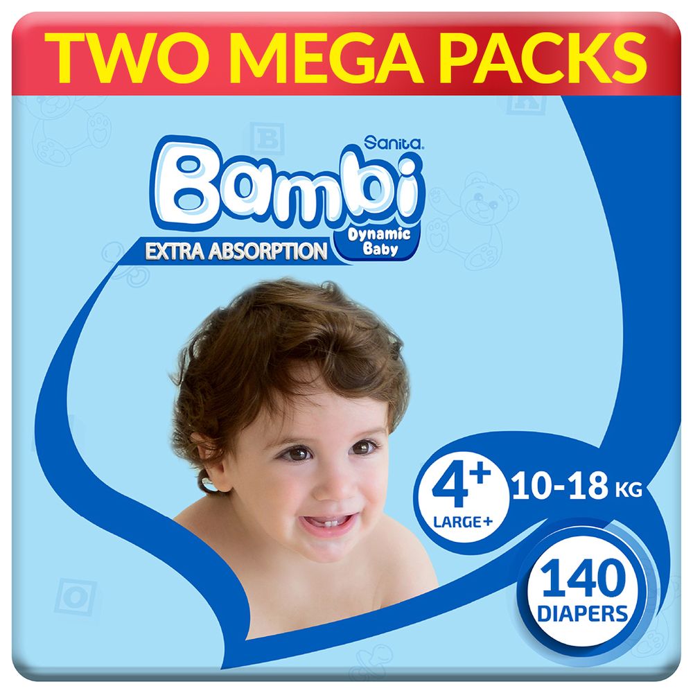 Sanita Bambi - Baby Diapers - Size 4+ - Large Plus - 10-18 kg - Pack of 2 - 140 Diapers
