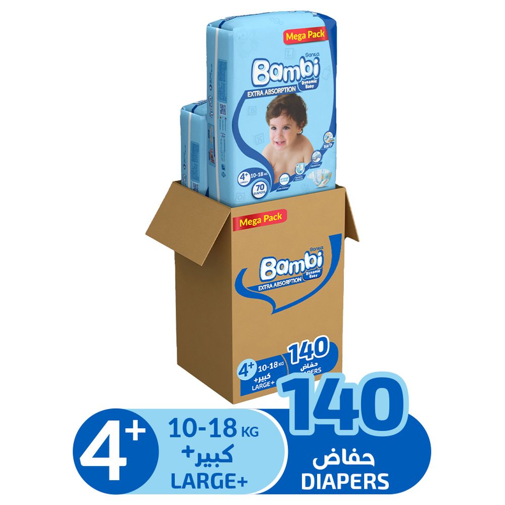 Sanita Bambi - Baby Diapers - Size 4+ - Large Plus - 10-18 kg - Pack of 2 - 140 Diapers
