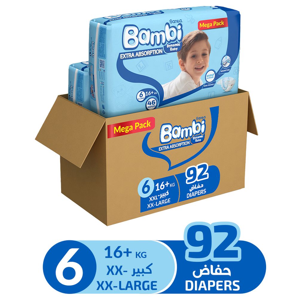 Sanita Bambi - Baby Diapers - Size 6 - XX-Large - 16+ kg - Pack of 2 - 92 Diapers