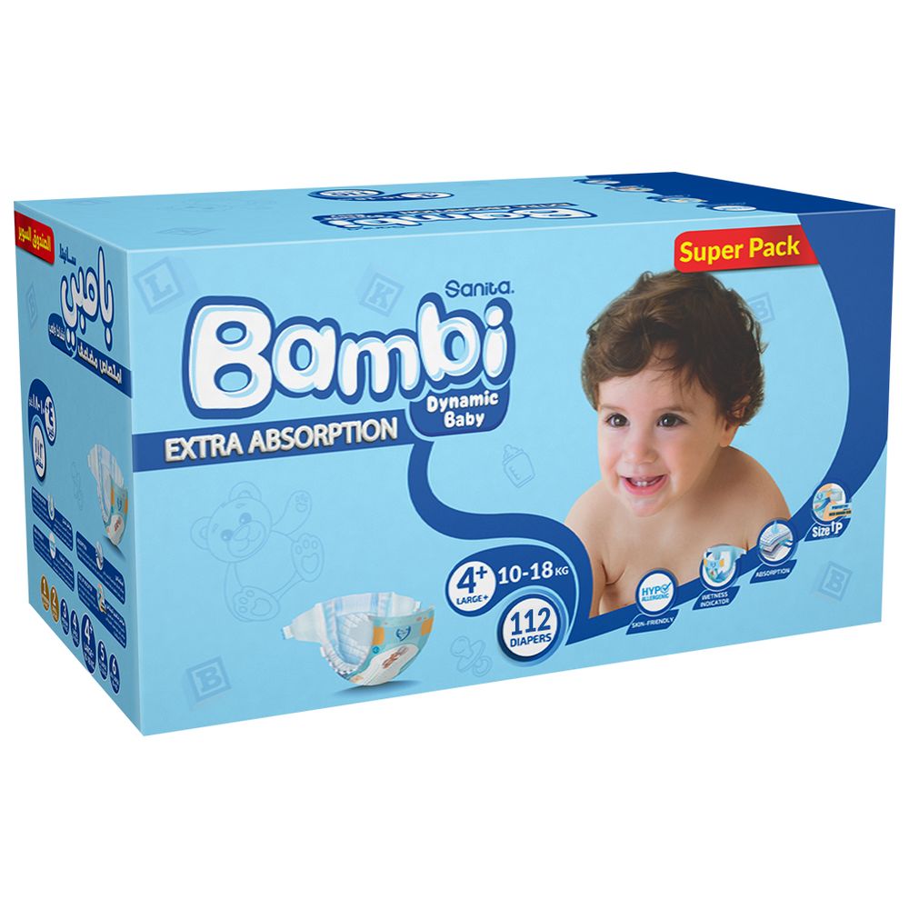 Sanita Bambi - Baby Diapers - Size 4+ - Large Plus - 10-18 kg - 112 Diapers