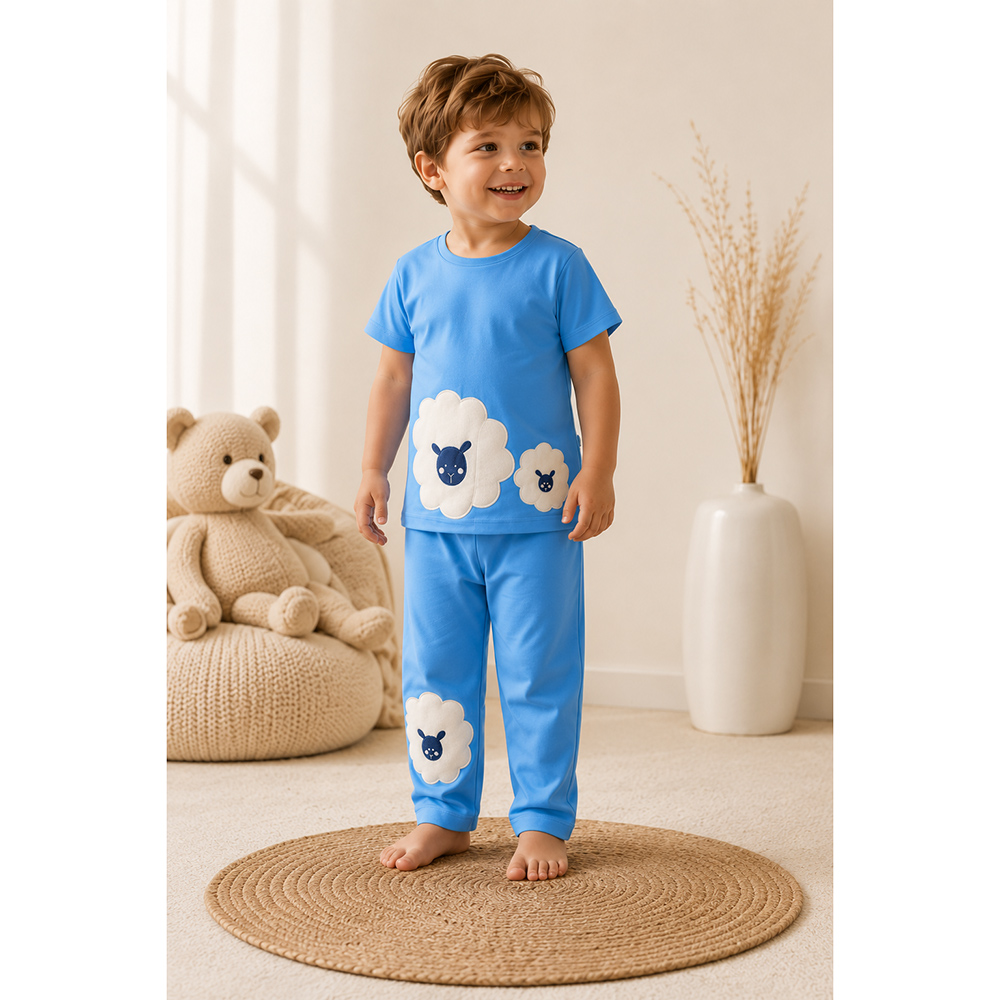 Mi Dulce An'ya Fluffy Embroidered Sheep Nightsuit for Boys - Blue