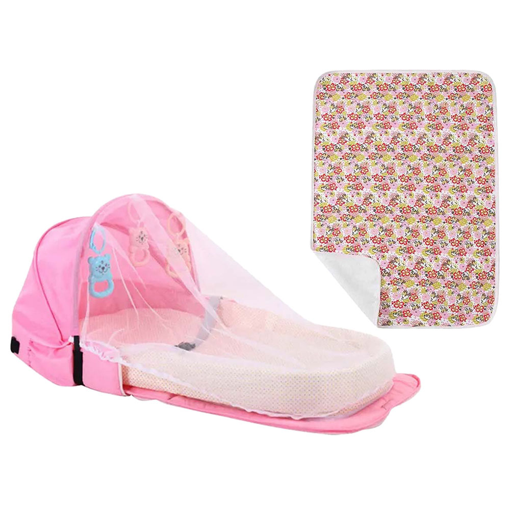 Star Babies Baby Bed With Mosquito Net - Pink With Reusable Changing Mat