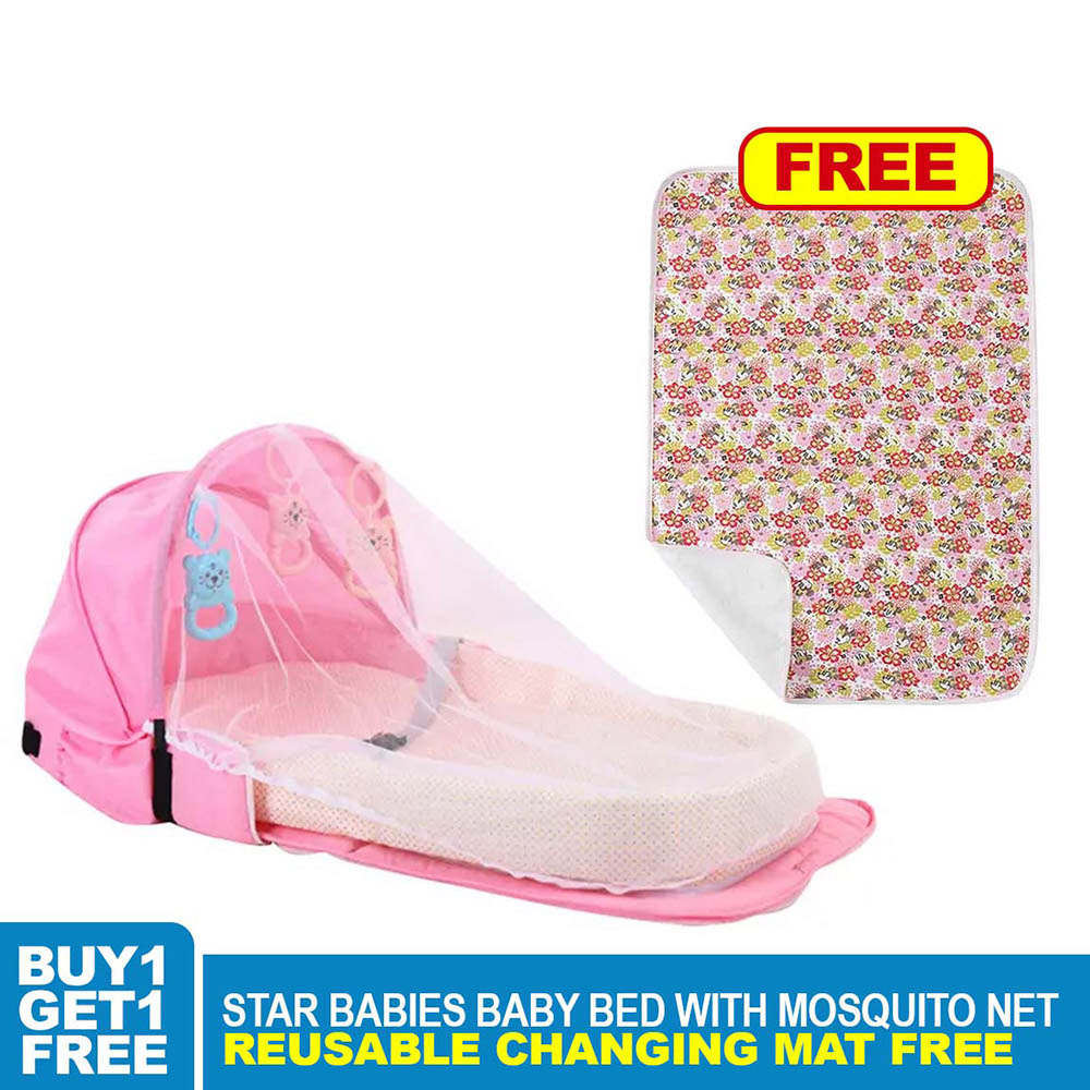 Star Babies Baby Bed With Mosquito Net - Pink With Reusable Changing Mat
