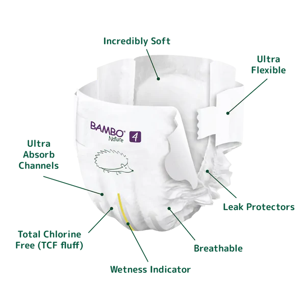 Bambo Nature - Baby Diapers - Size 4 Large - 7-14 Kg - Pack Of 6 - 144 Pcs