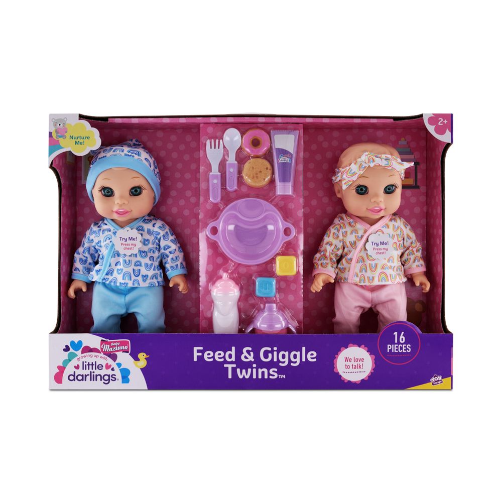 Baby Maziuna - Feed & Giggle Twins Baby Doll Playset - Multicolor - 16 Pcs