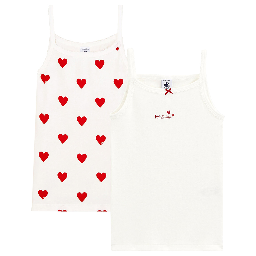Petit Bateau Girl's Heart Print Cotton Vests - White - 2 Pcs