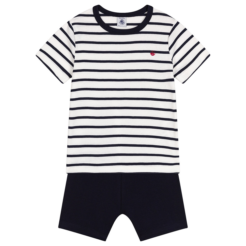 Petit Bateau Boy's Short Pyjama and Stripes T-Shirt - White/Blue - 2 Pcs