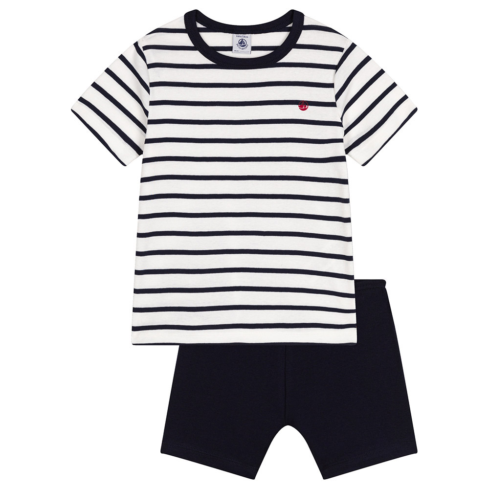 Petit Bateau Boy's Short Pyjama and Stripes T-Shirt - White/Blue - 2 Pcs