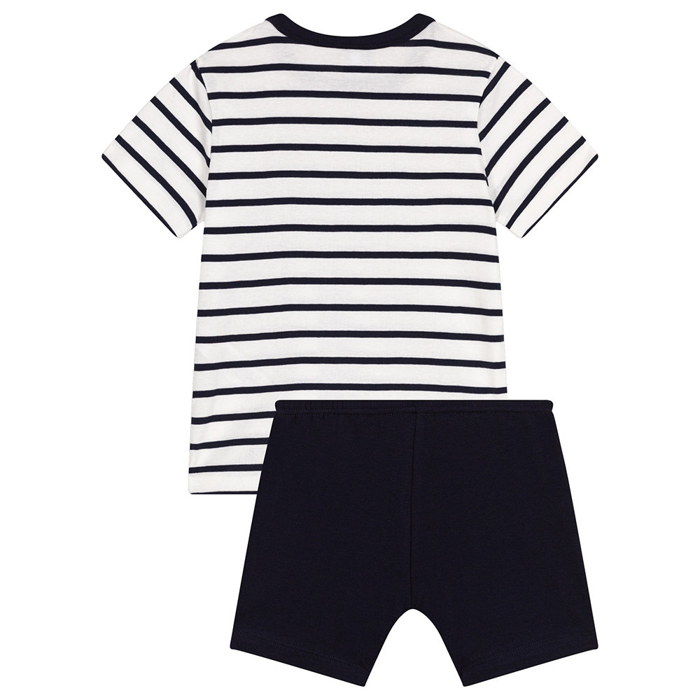 Petit Bateau Boy's Short Pyjama and Stripes T-Shirt - White/Blue - 2 Pcs