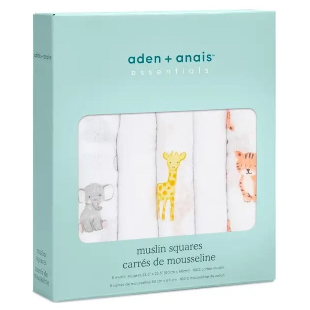 Aden + Anais - Essentials Pack of 5 Cotton Muslin Squares Safari Babes