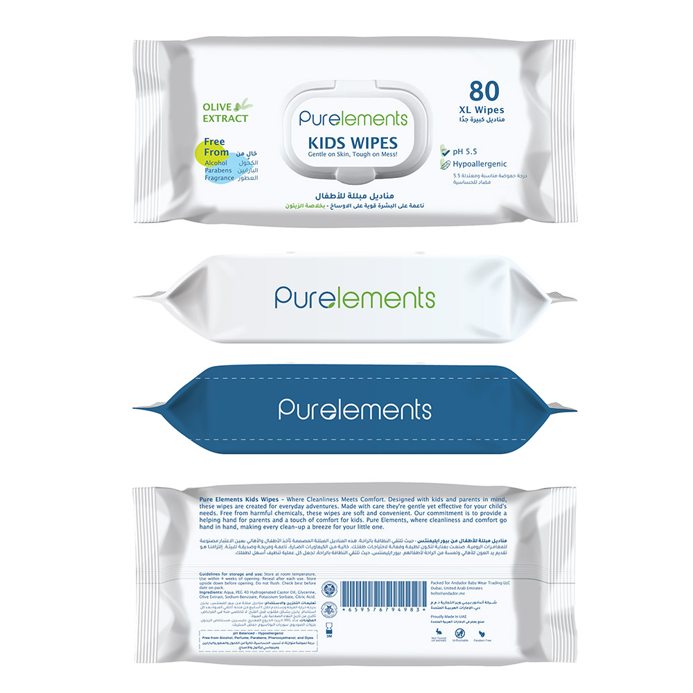 Purelements - Olive Oil Extract Natural Kids Water Wipes - XL - Pack of 80 
