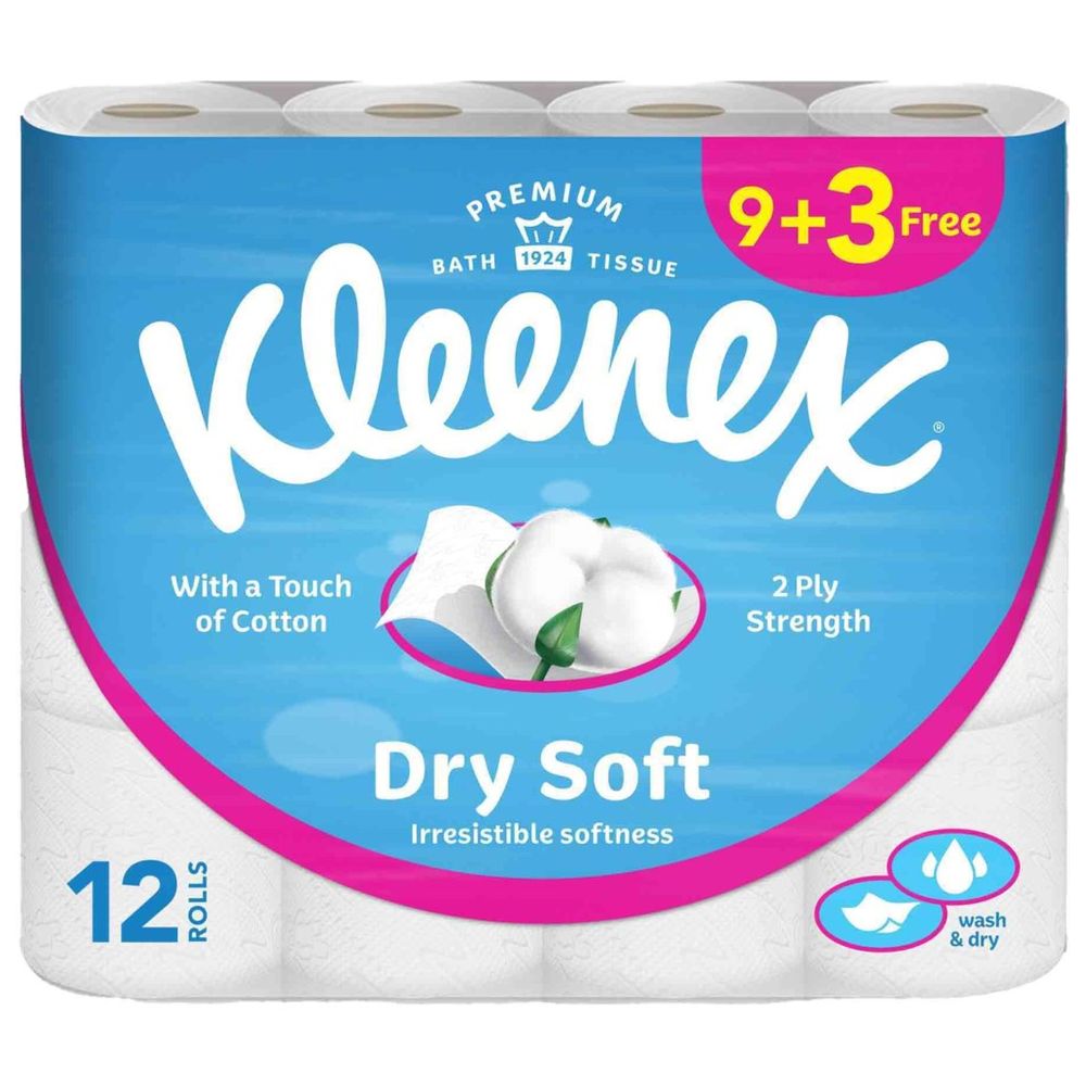 Kleenex - Dry Soft Toilet Tissue Paper, 2 PLY, 12 Rolls x 200 Sheets, Embossed Bathroom Tissue with a Touch Of Cotton