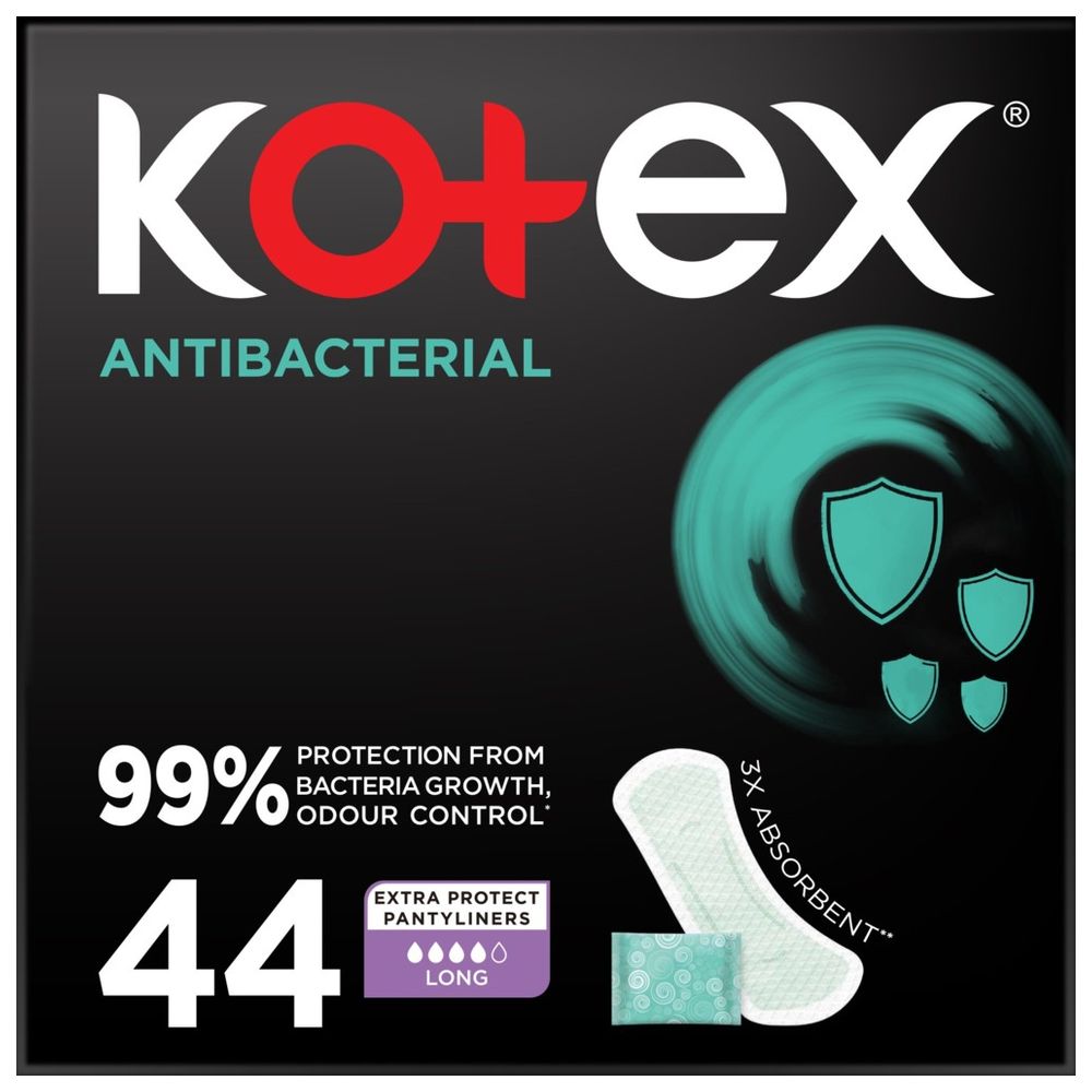 Kotex - Antibacterial Panty Liners, 99% Protection from Bacteria Growth, Long Size, 44 Daily Panty Liners