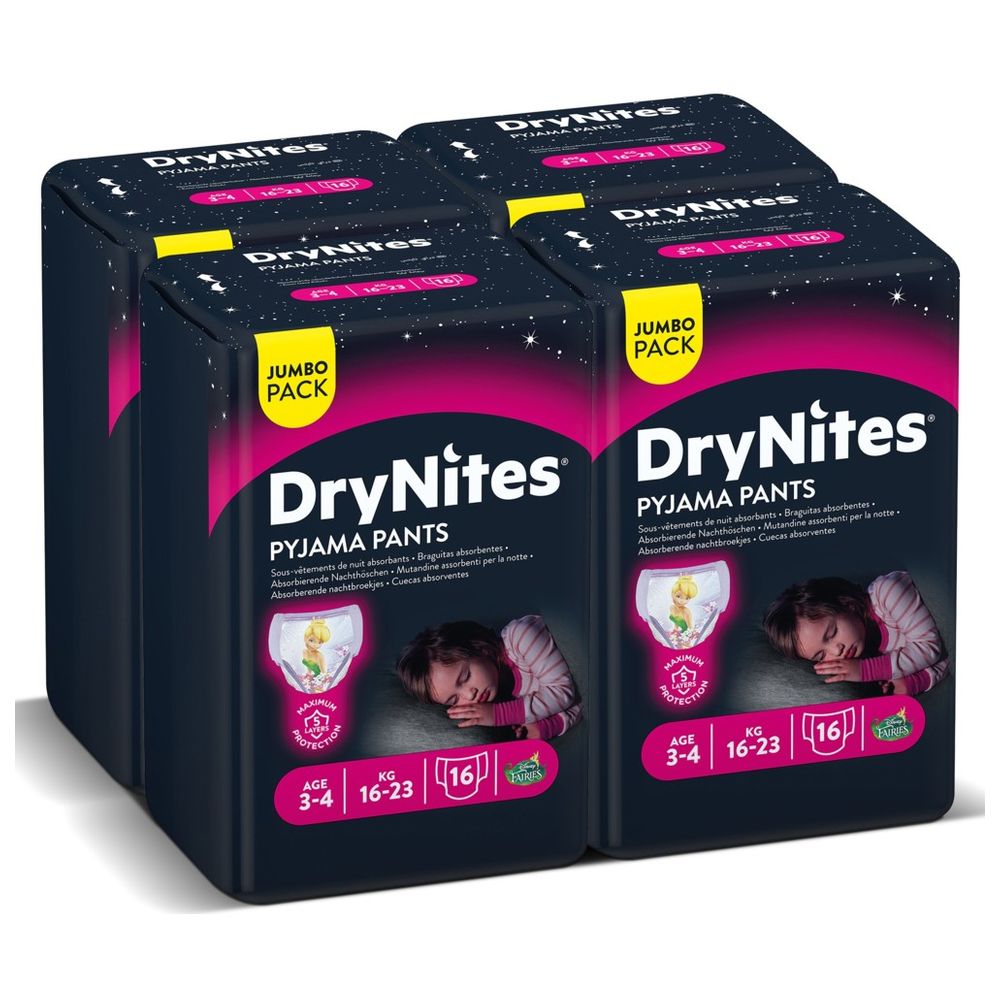 Huggies DryNites Pyjama Pants, 3-5 years, Bed Wetting Diaper, Girl, 16-23 kg - Pack of 4 - Jumbo Packs, 64 Pants