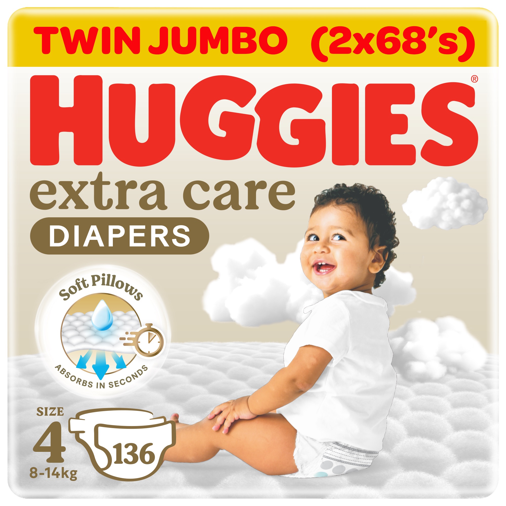 Huggies Extra Care, Size 4, 8 -14 kg, Twin Jumbo Pack, 136 Diapers