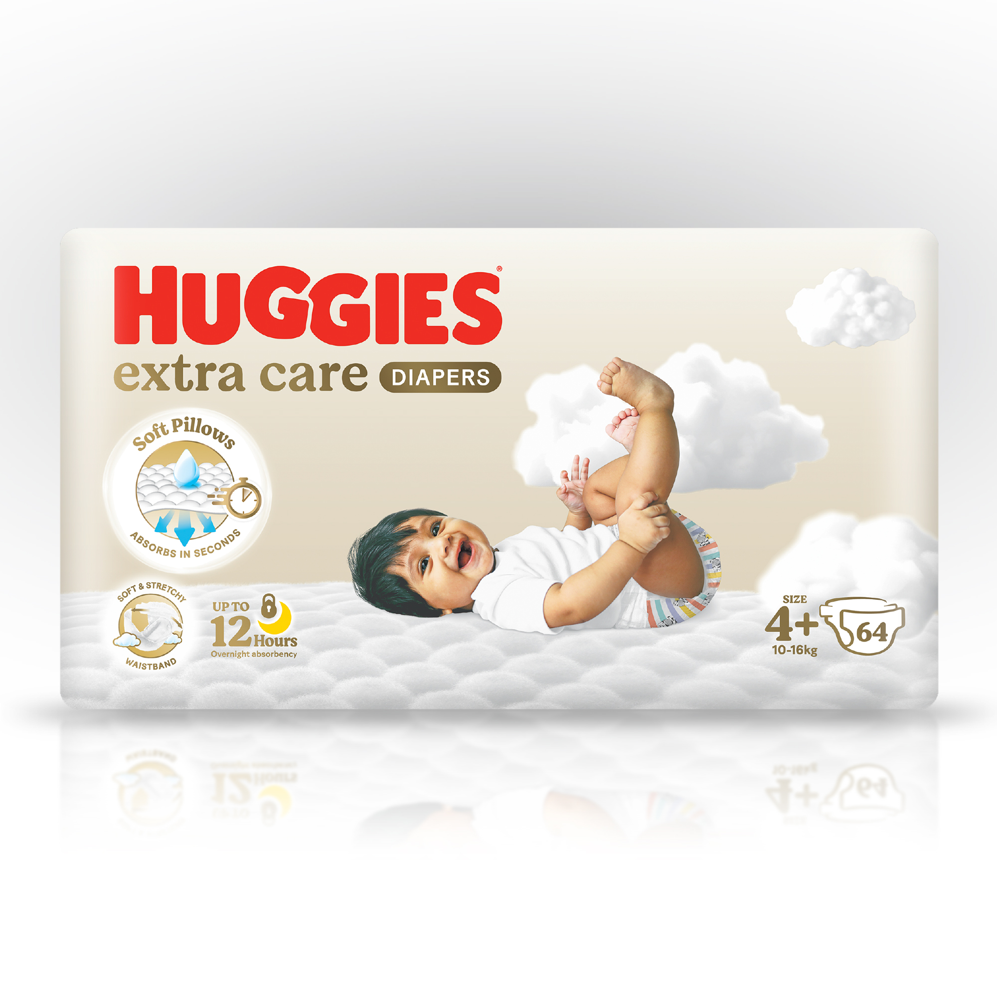 Huggies - Extra Care, Size 4+, 10 -16 kg, Jumbo Pack, 64 Diapers