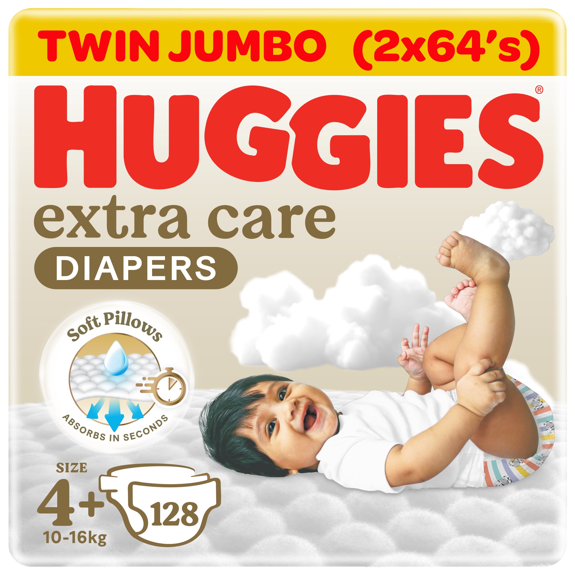 Huggies - Extra Care, Size 4+, 10 -16 kg, Twin Jumbo Pack, 128 Diapers - Packaging May Vary