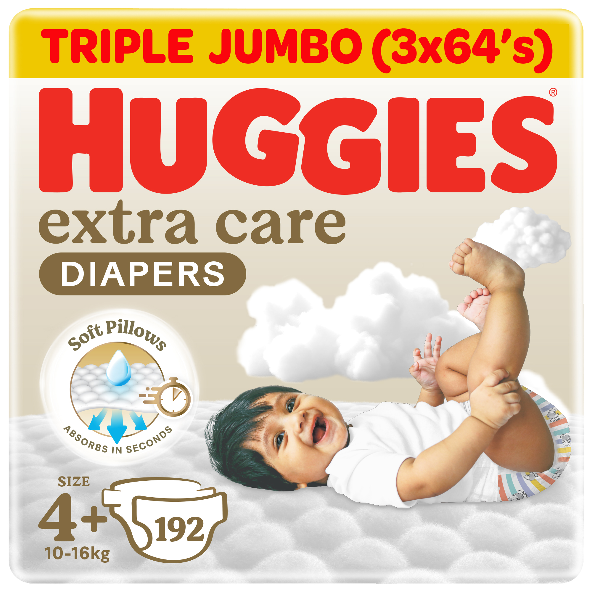 Huggies Extra Care, Size 4+, 10 -16 kg, Super Mega Pack of 3 - 192 Diapers
