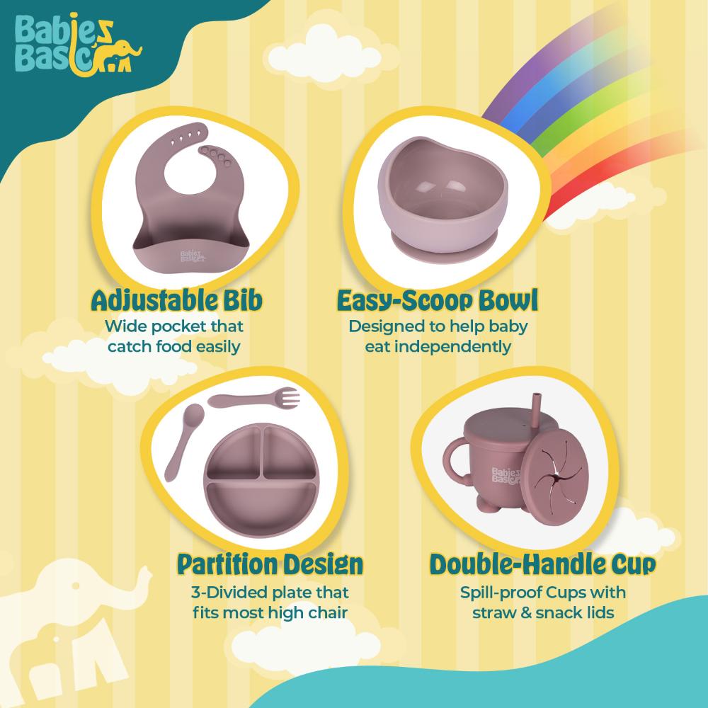 Babies Basic - Silicone Plate, Bowl, Cup,Spoon & Fork Set - 6pcs - Blush