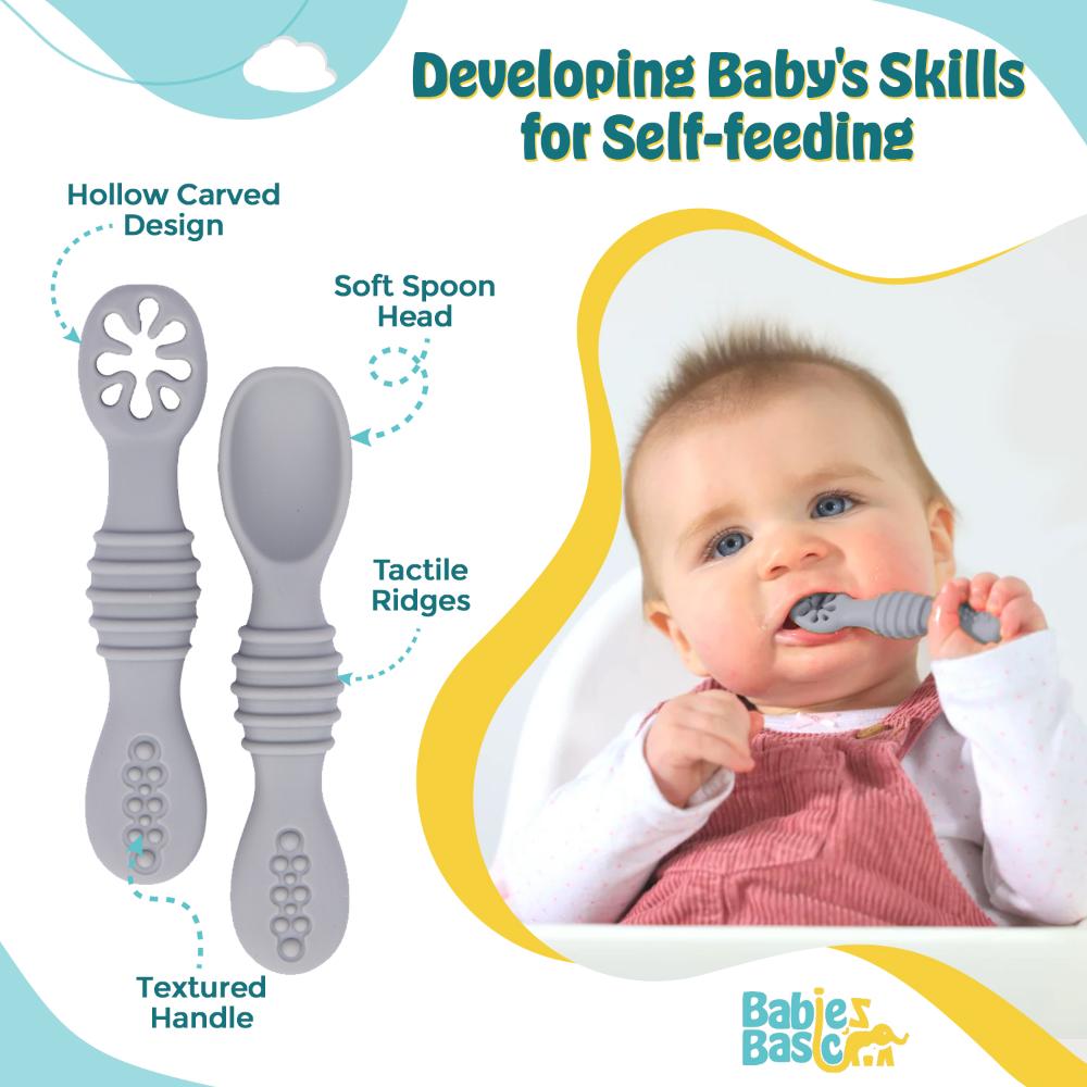 Babies Basic First Stage Silicone Training Spoon With Masher - Grey