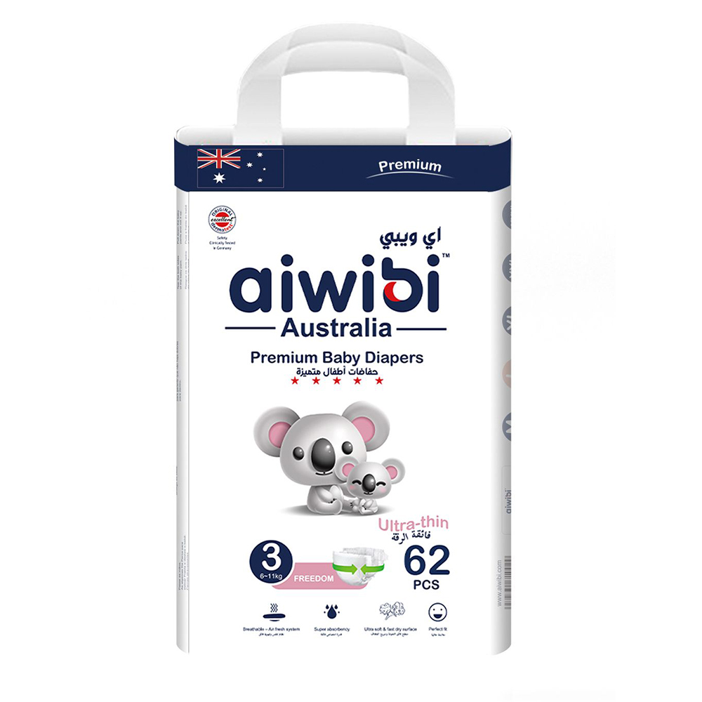 Aiwibi - Premium Ultra Thin Baby Diapers - Size 3 - 6-11 Kgs - 62 pcs