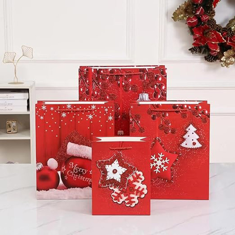 Brain Giggles - 4 Designs Christmas Gift Bag With Handles - 12pcs - 18x23x10 Cm - Red