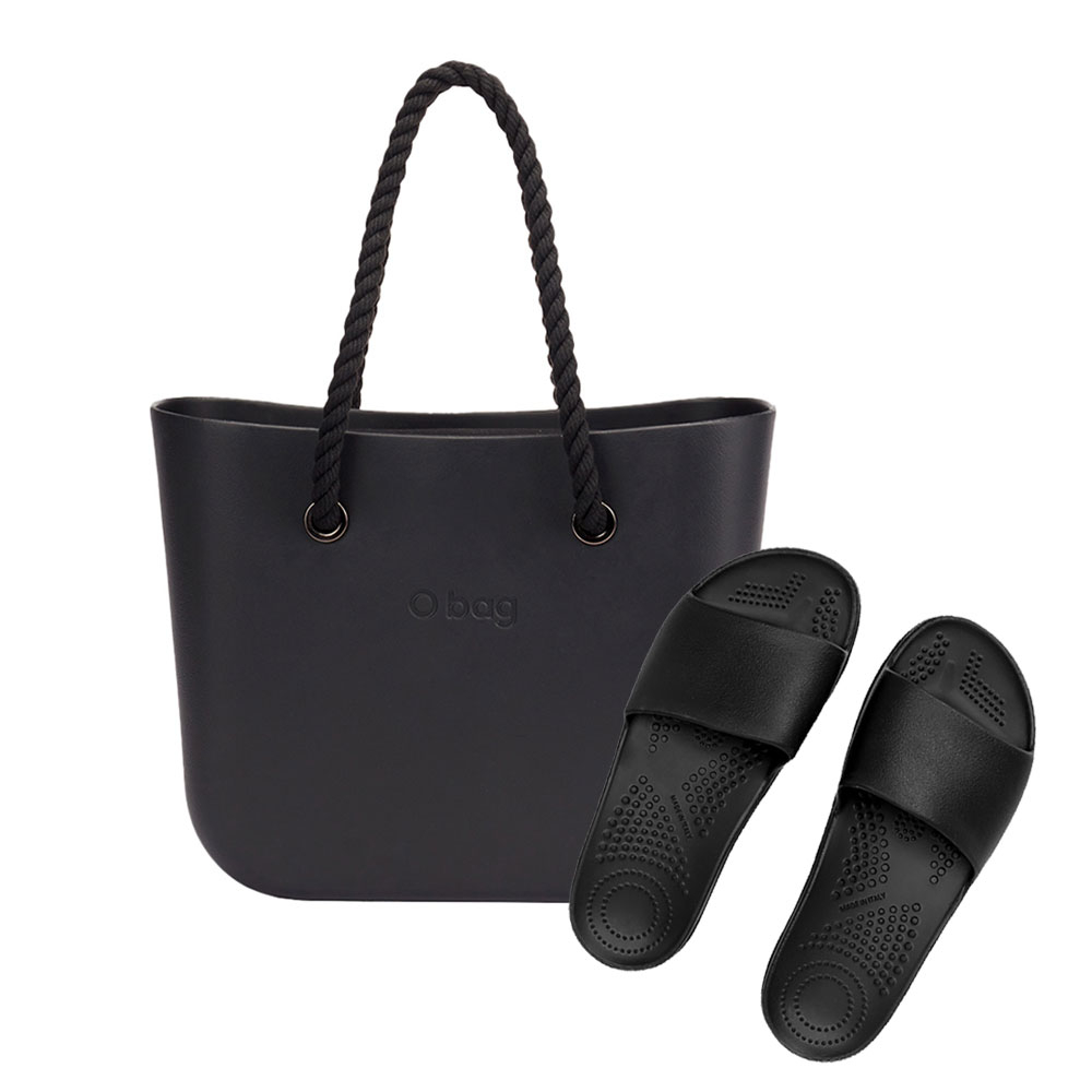 O Bag - Classic With Rope Handles Handbag - Black + O Slippers - Black
