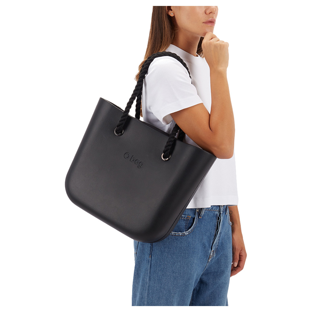O Bag - Classic With Rope Handles Handbag - Black + O Slippers - Black