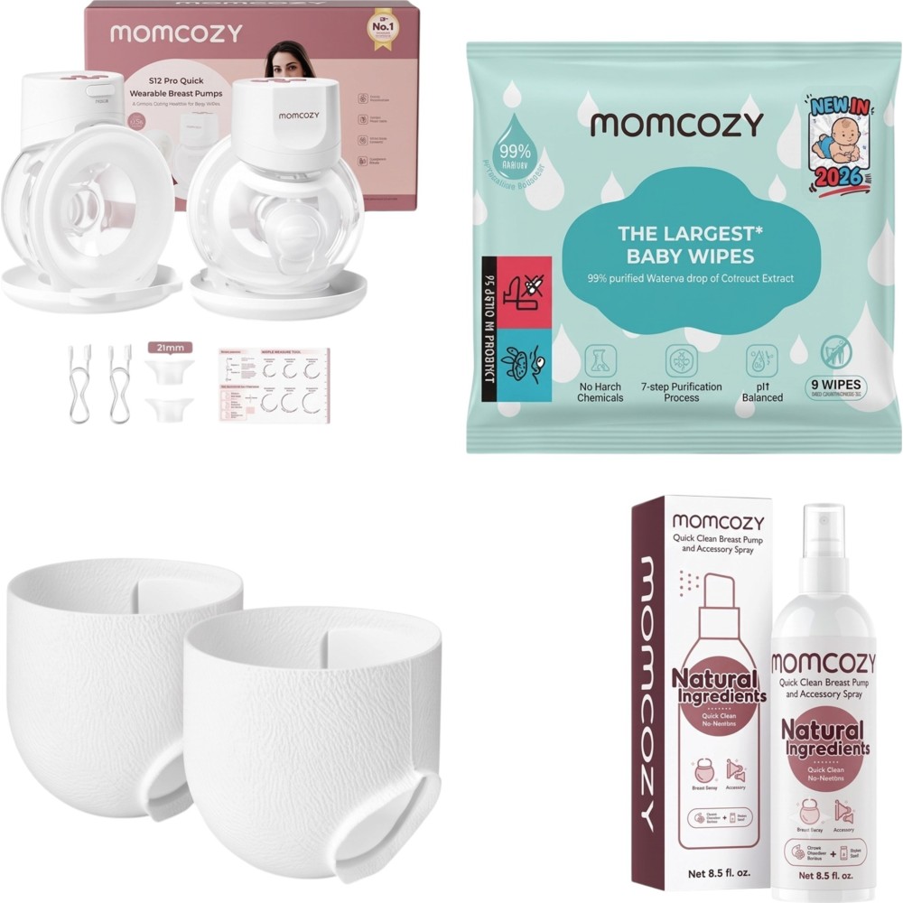 Momcozy - S12 Pro Quick Hands-Free Wearable Double Breast Pump - White With Free Pack of 8 Momcozy Wipes, Breast Pump Cleaning Spray And 2 Nursing Disposable Maternity Underwear