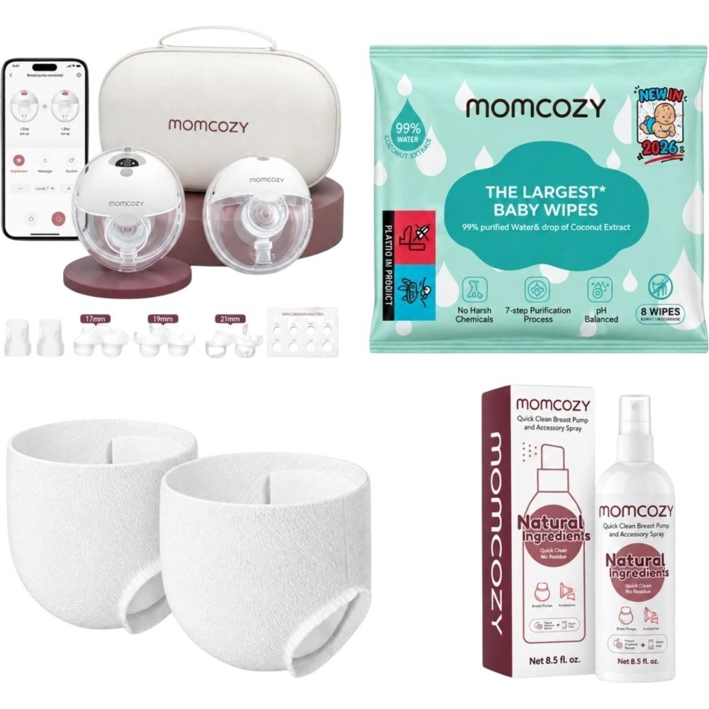 Momcozy - M5 Smart Hands-Free Wireless Electric Pump Double Wearable Breast Pump - Gray With Free Pack of 8 Momcozy Wipes, Breast Pump Cleaning Spray And 2 Nursing Disposable Maternity Underwear