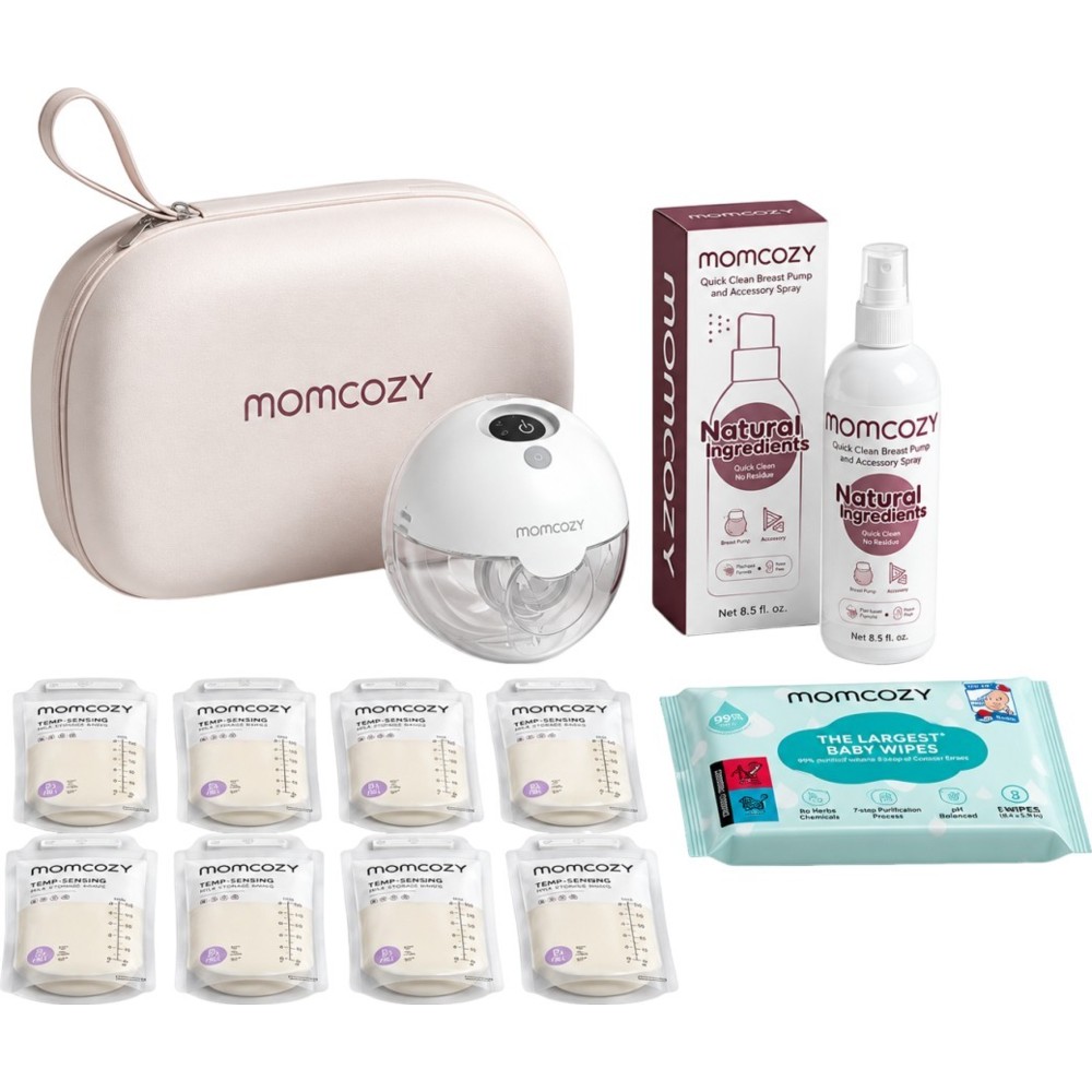 Momcozy - Hands-Free Electric Breast Pump M5 - Grey With Free Pack of 8 Momcozy Wipes , 1 Breast Pump Cleaning Spray And Sensing Milk Storage Bag - Clear - 8 Pc Set