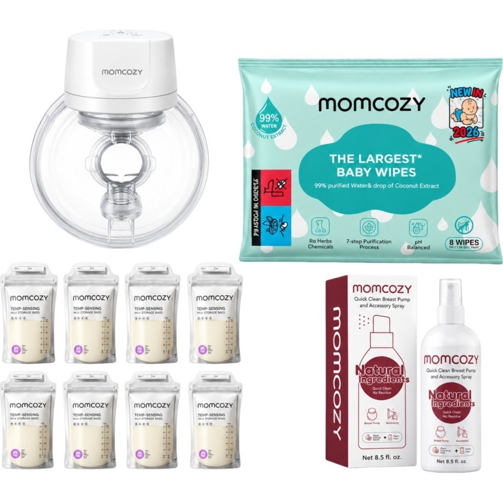 Momcozy - Hands-Free Wearable Breast Pump S12 Pro - White With Free Pack of 8 Momcozy Wipes , 1 Breast Pump Cleaning Spray And Sensing Milk Storage Bag - Clear - 8 Pc Set