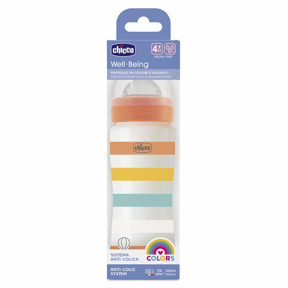 Chicco - Well-Being Plastic Fast Flow Feeding Bottle - Orange - 330 ml