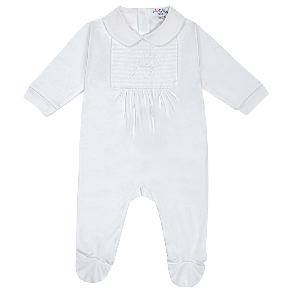 Jules & Juliette Classy Baby Embroidered Footed Sleepsuit - White