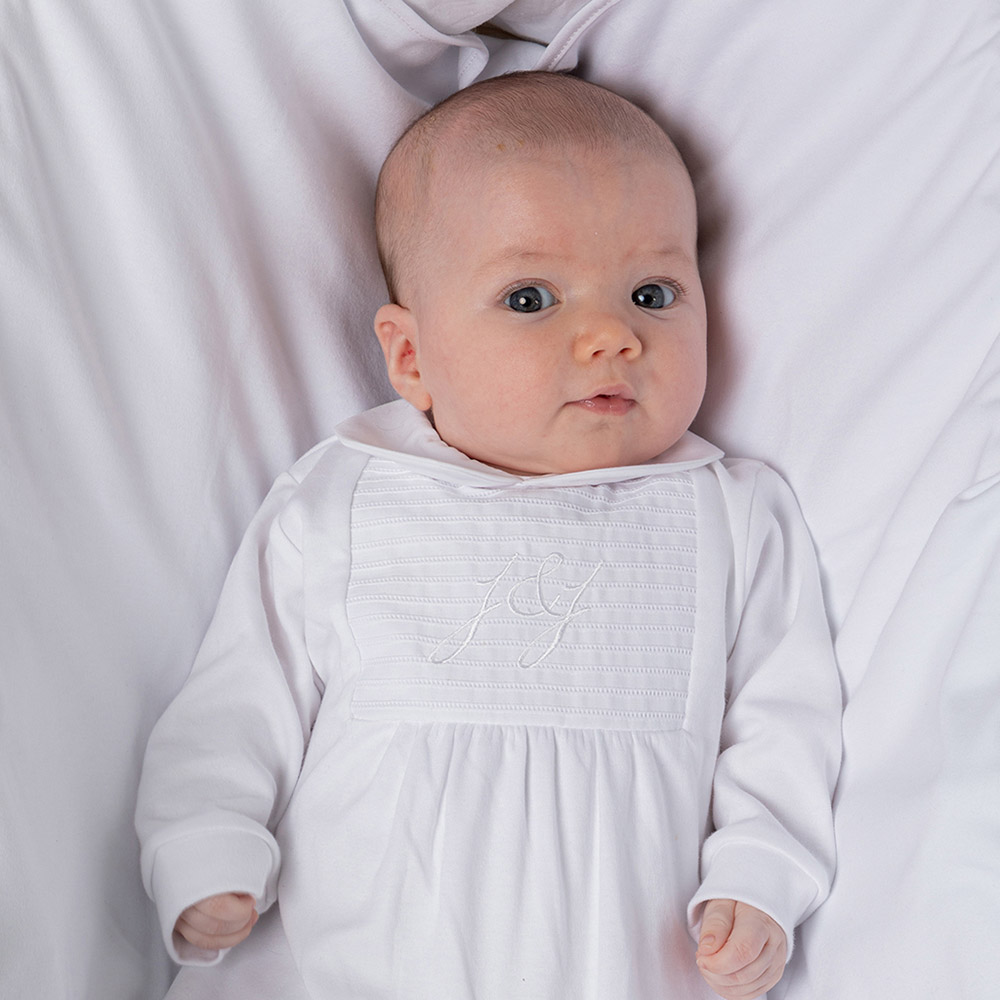 Jules & Juliette Classy Baby Embroidered Footed Sleepsuit - White