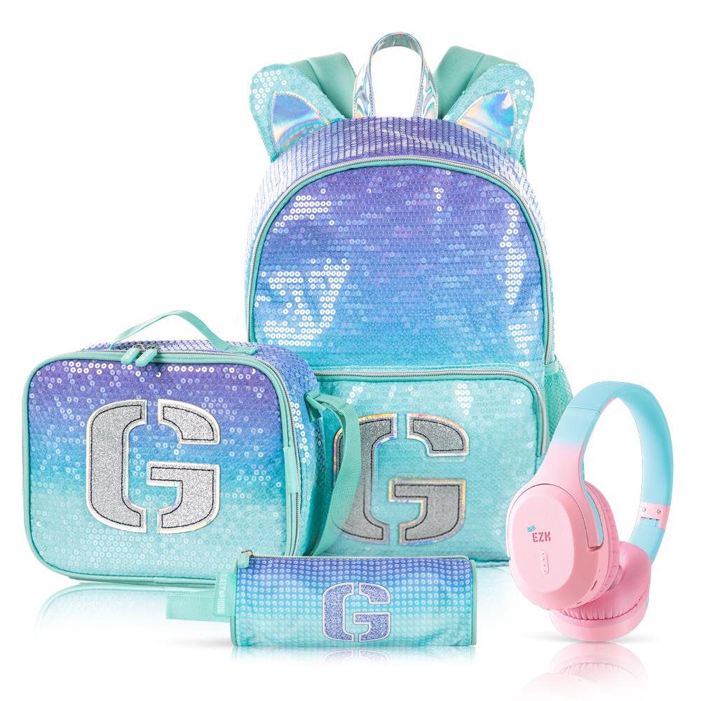 Eazy Kids - Girl's Backpack, Pencil Case & Lunch Bag With Headset Set - Glitter Green - 4 Pcs