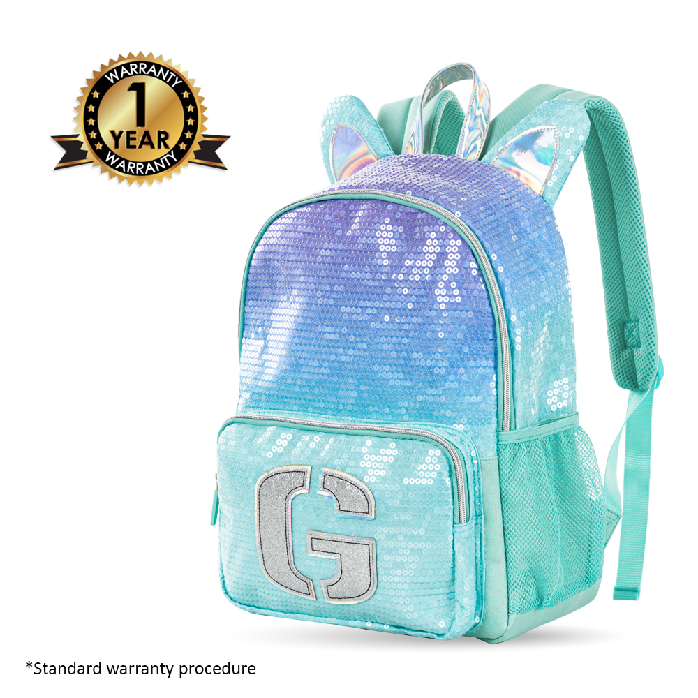 Eazy Kids - Girl's Backpack, Pencil Case & Lunch Bag With Headset Set - Glitter Green - 4 Pcs