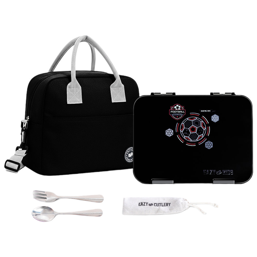 Eazy Kids - Convertible Bento Lunch Box With Cutlery & Lunch Bag Set - Football Black - 4 Pcs