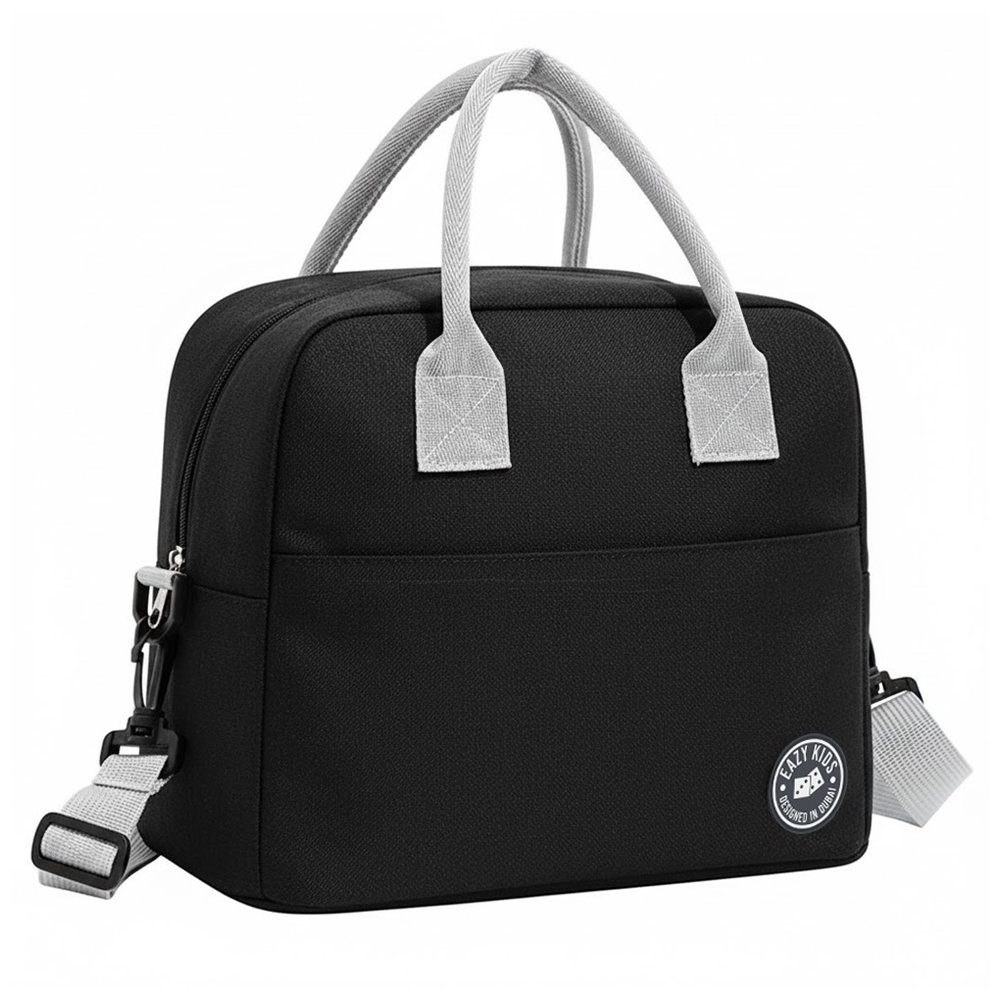 Eazy Kids - Convertible Bento Lunch Box With Cutlery & Lunch Bag Set - Football Black - 4 Pcs