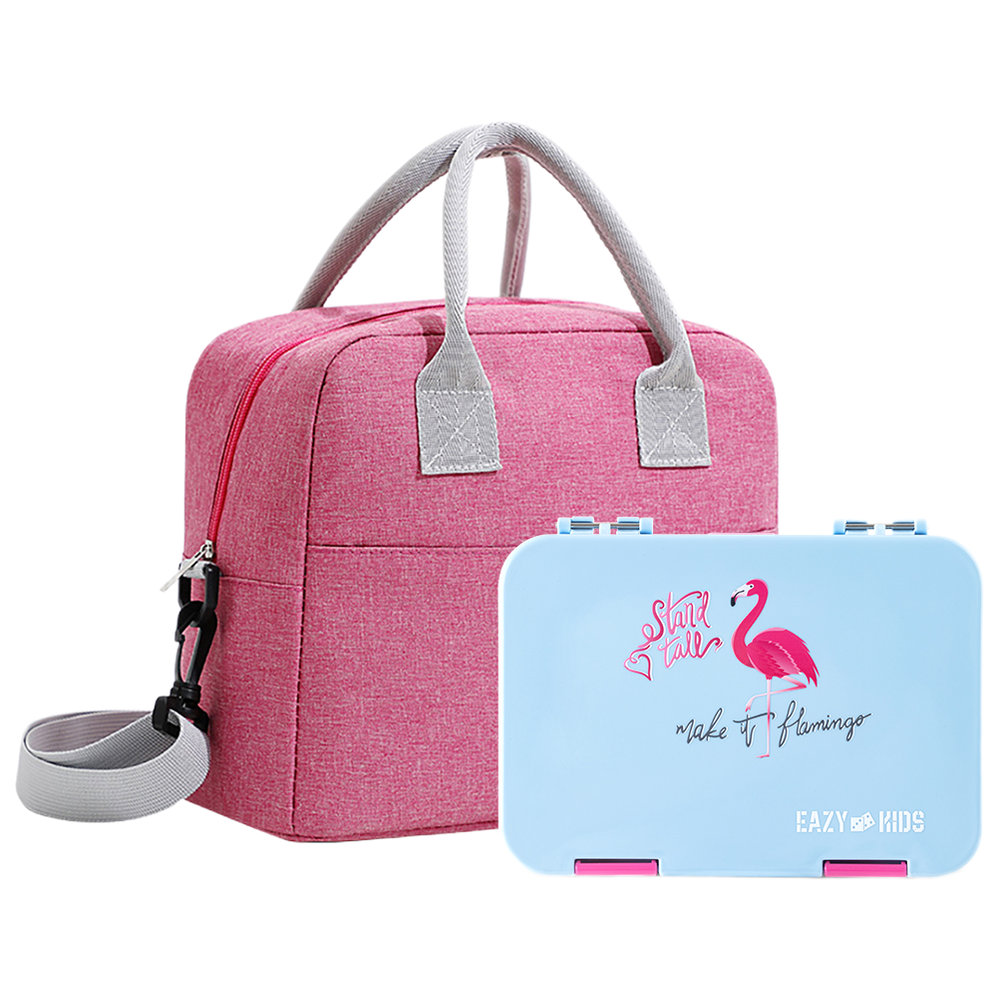 Eazy Kids - 4 Compartment Bento Lunch Box With Insulated Lunch Bag - Flamingo Aqua