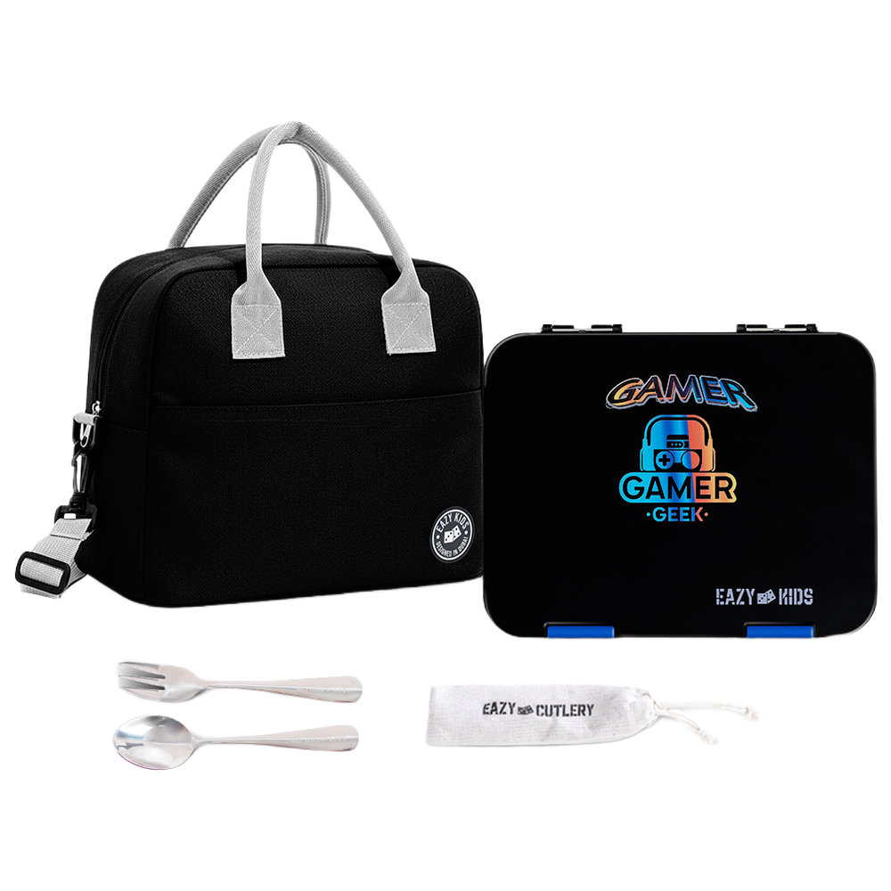 Eazy Kids - Convertible Bento Lunch Box With Cutlery & Lunch Bag Set - Teddy Black - 4 Pcs